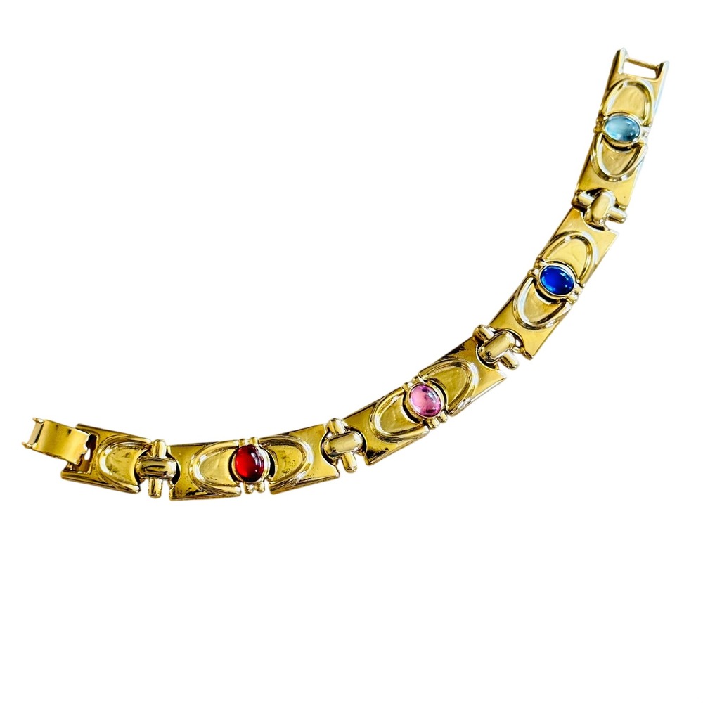 VTG Regal Cabochon Bracelet Gold Plated Panel Link Gripoix Style France Chunky
